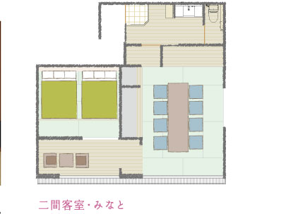 潮騒の宿ふじま：二間客室「みなと」の見取り図